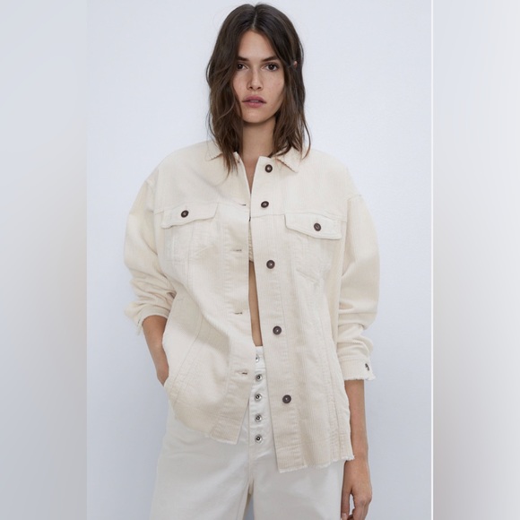 Zara Cream Oversized Corduroy Jacket with Pockets Size M - Picture 1 of 12